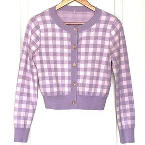 Purple Gingham Knit Cardigan Sz M Preppy Checkered Wardrobe Staple Quiet Luxury
